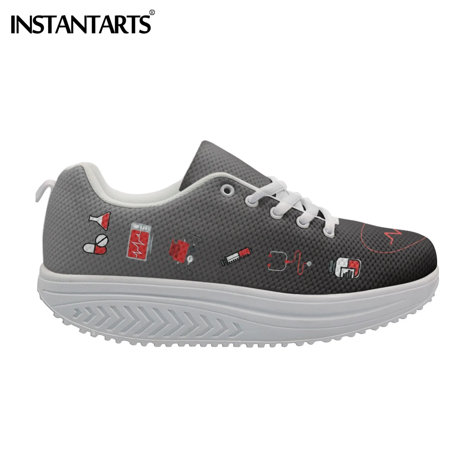 

INSTANTARTS Grey Nursing Women Daily Swing Shoes Height Increasing Flats Platform Female Lace Up Super Light Air Mesh Sneaker