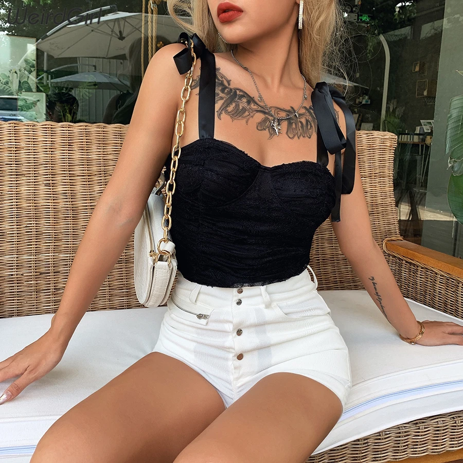 Whatiwear Для женщин бретели Sexy с лямкой на шее двойным бантом клуб кружевные