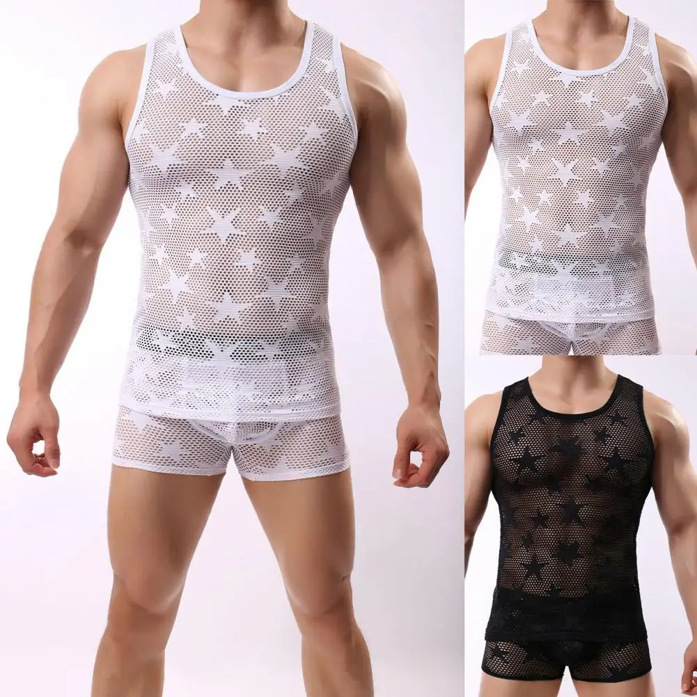 

Stretchy Popular Hollow Out Pure Color Vest Sexy Men Undershirt Sleeveless Costume