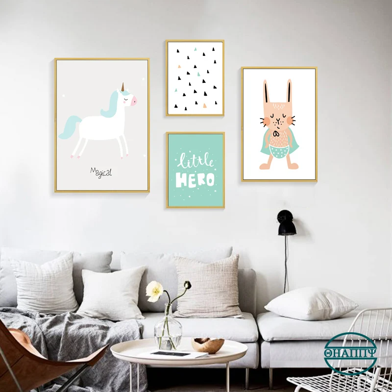 

Unicorn Decoration Wall Art Kids Room Canvas Painting Cartoon Nordic Green Rabbit Posters Decor Baby Room Wall Pictures Unframed