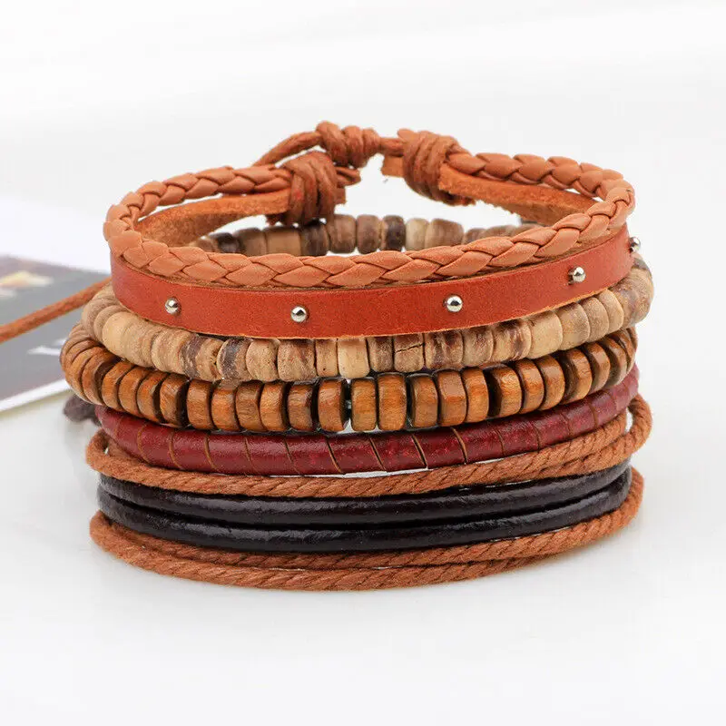 

Mens Ladies Leather Surfer Braided Bracelet Punk Wooden Bead Tribal Wristband Charm Bracelet for Women Hiphop Rock