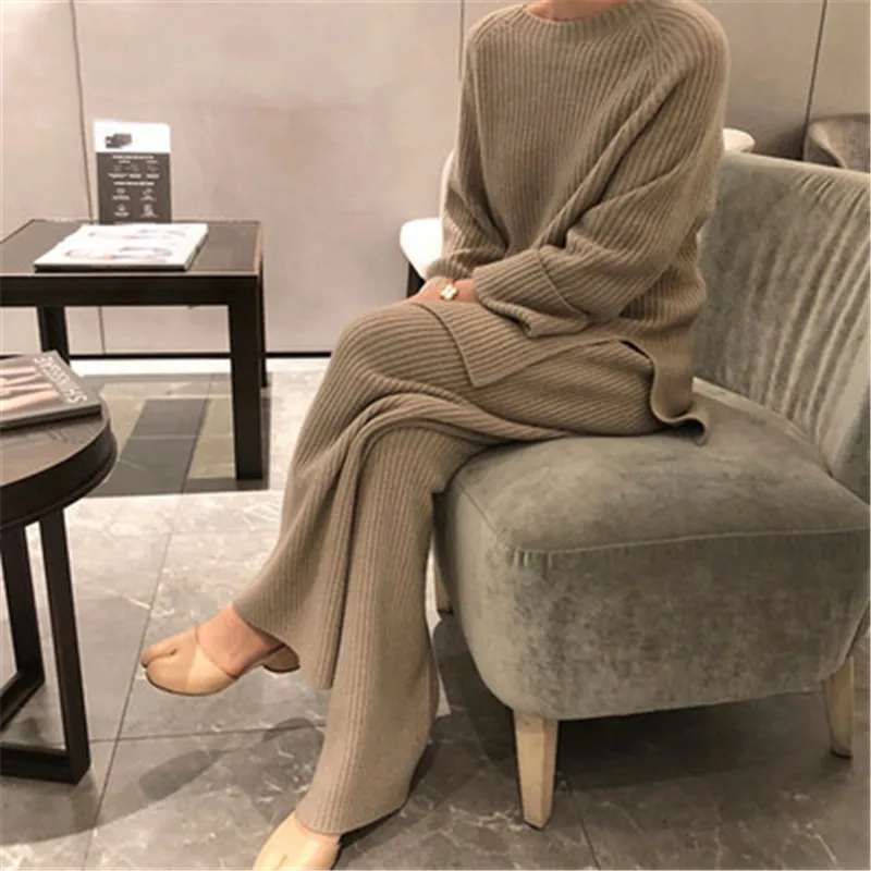 

CBAFU Knitted Two Piece Set Women Loose Autumn Winter Tracksuit Split Knit Sweater Pullovers + High Waist Wide Leg Pants F665