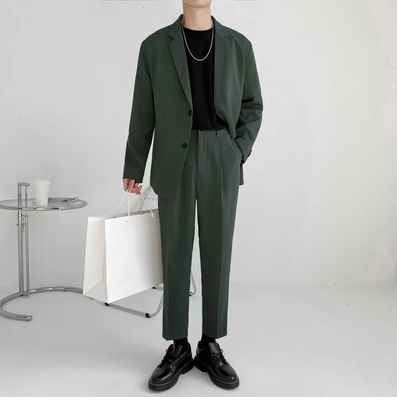 IEFB Men's Suit Two Pieces Set Simple Light Mature Loose Long Sleeve Suit Coat + Suit Pants Green High Quality New 2023 9Y8066 images - 6