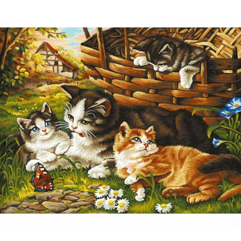 Anak Kucing dan Kucing Ibu Kartun Hewan Menjahit Dicetak untuk Bordir Cina Cross Stitch