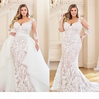 plus size mermaid wedding dresses detachable train long sleeve full lace appliqued bridal dress v neck wedding gowns