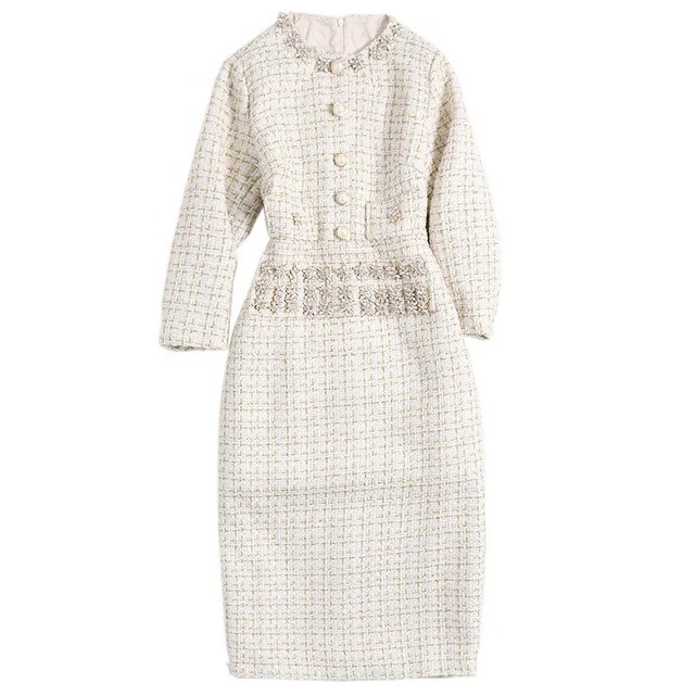 Женское шерстяное платье-карандаш твидовое элегантное офисное средней длины