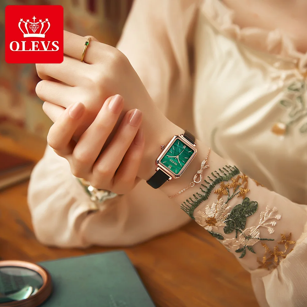 

OLEVS Brand Women Watches Fashion Square Ladies Quartz Watch Leather Green Dial Simple Rose Gold Mesh Luxury Women Watches