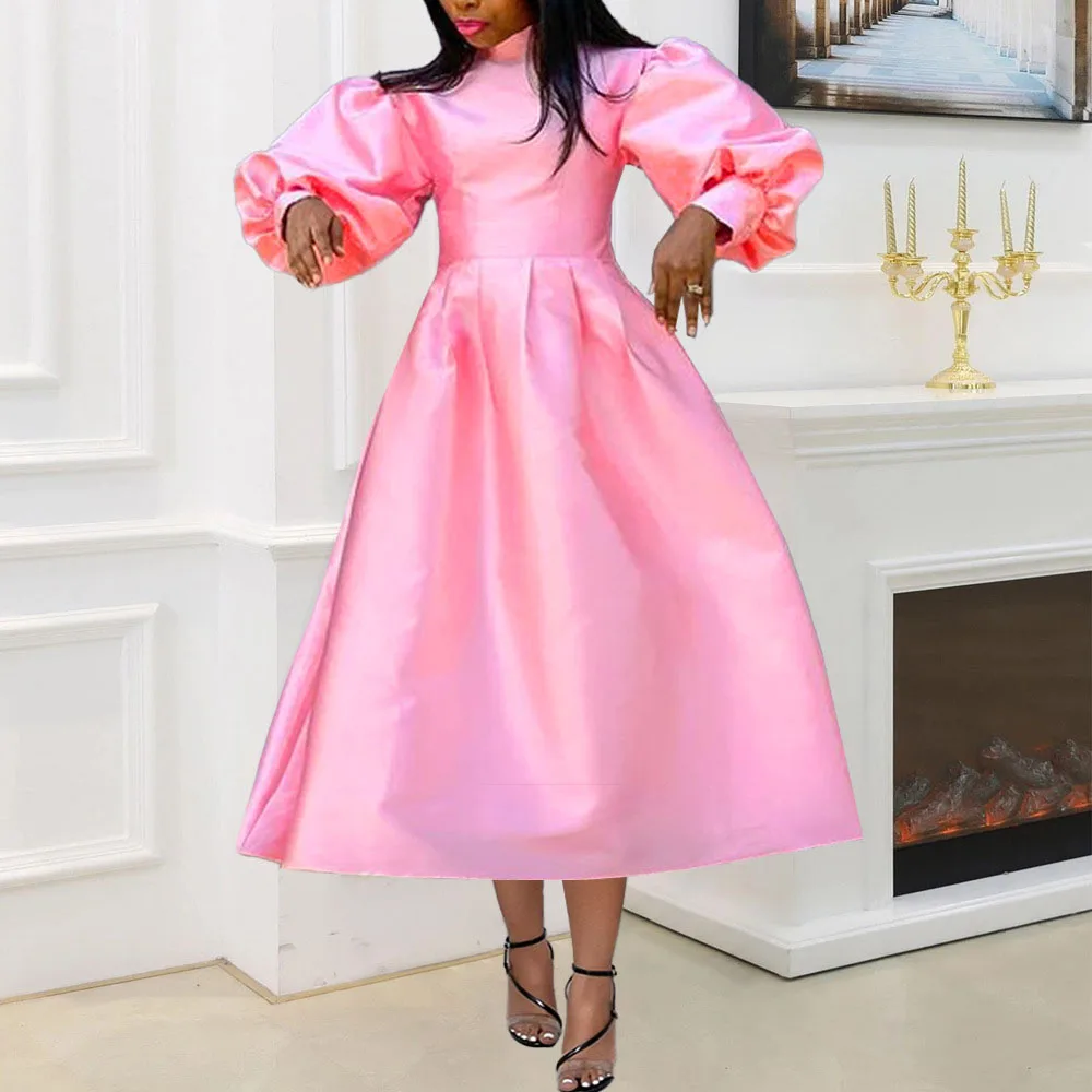 

Fashion Dress Womens Stand Collar Autumn Winter New Solid Color Puff Sleeve Ruffle High Waist Temperament Ladies Party Dress