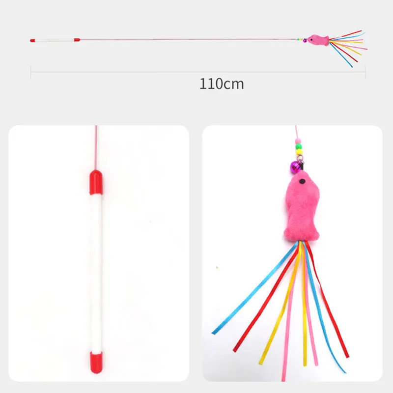 Elastic Metal Boom Tease Cat Stick Funny Toy + 3 Pcs Replaceable Plush Fake Fishes Playing With Your Kitten Pets Make Fun | Дом и сад