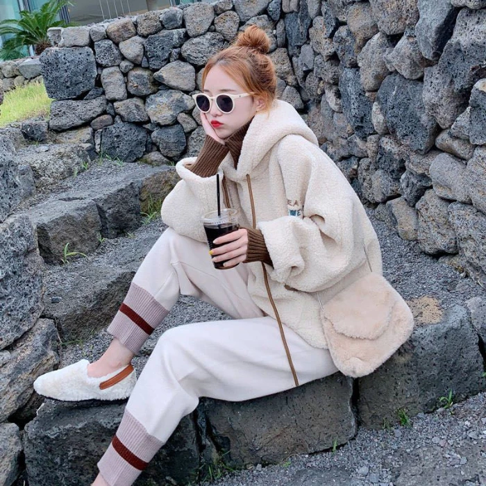 

Осенне-зимний свободный костюм в Корейском стиле, Женский бархатный свитер из овечьей шерсти, повседневные брюки