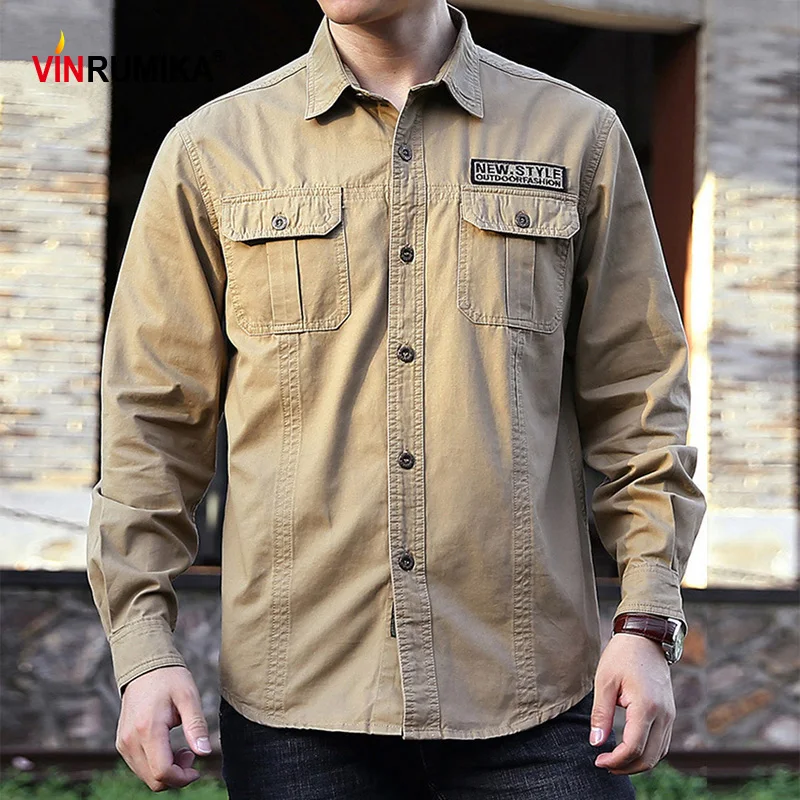 Мужская рубашка с длинным рукавом в стиле милитари из 100% хлопка весна-осень 2020 M-5XL