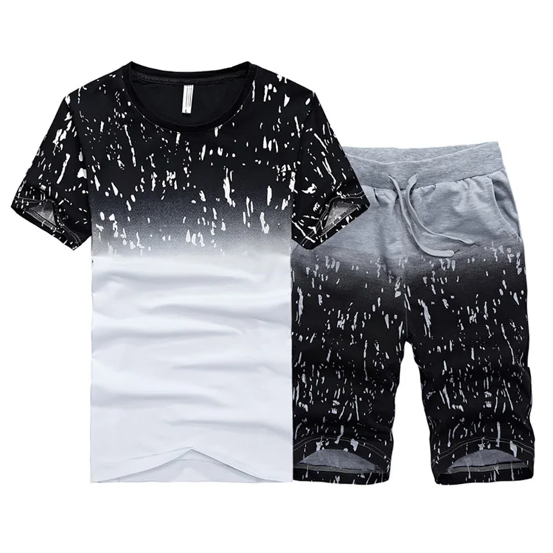 

Tracksuit Men Summer Short Sleeve Casual Tshirt Shorts Mens Sweatsuit 2PC Tee Tops+Sweatpant Male Set Moleton Masculino 3XL 4XL