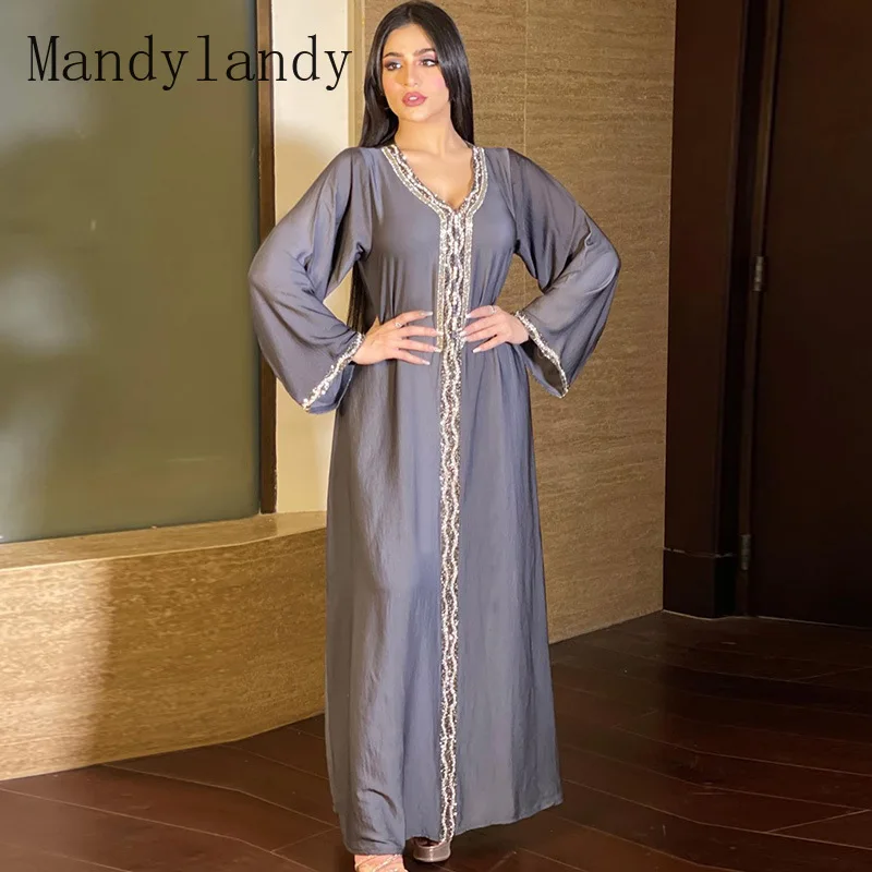 

Mandylandy Abaya Robe Musulman Djellaba Femme Caftan Marocain Abaya Дубай, Турция, исламский кафтан, мусульманский хиджаб Стразы для женщин