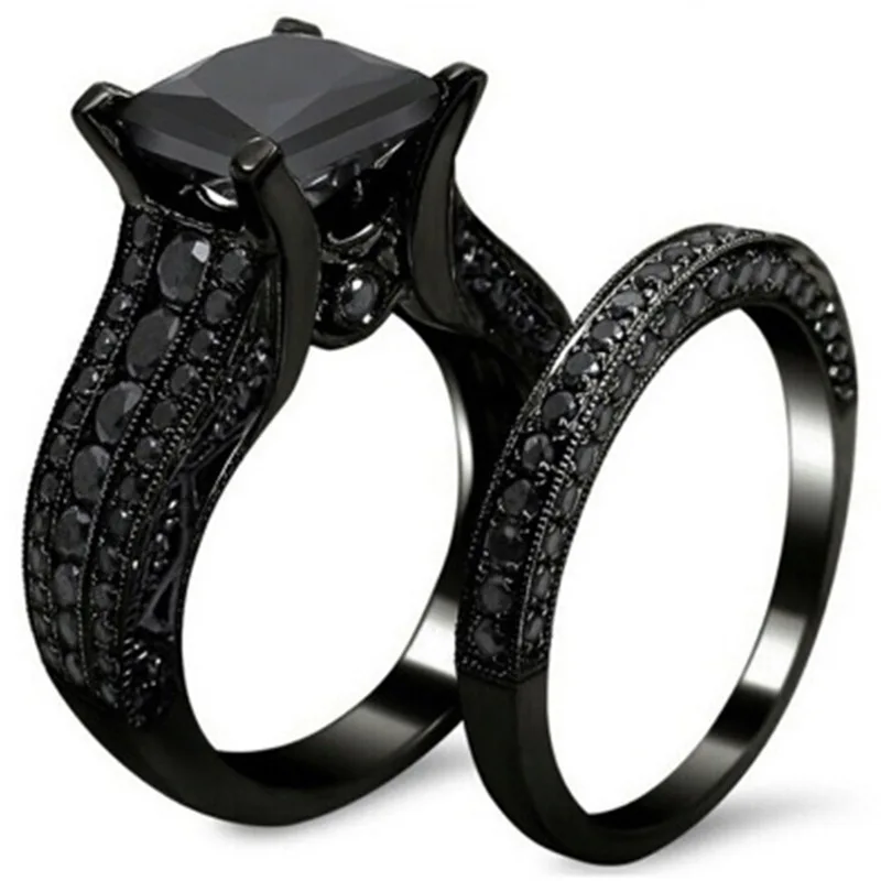 

2Pcs/Sets Vintage Black Square Cubic Zirconia Stone Rings For Women And Men Fashion Jewelry Engagement Wedding Banquet Gift Ring