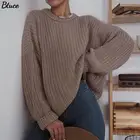 Женский однотонный вязаный свитер с длинным рукавом, свободный элегантный джемпер оверсайз с круглым вырезом, пуловеры, Осень-зима 2021