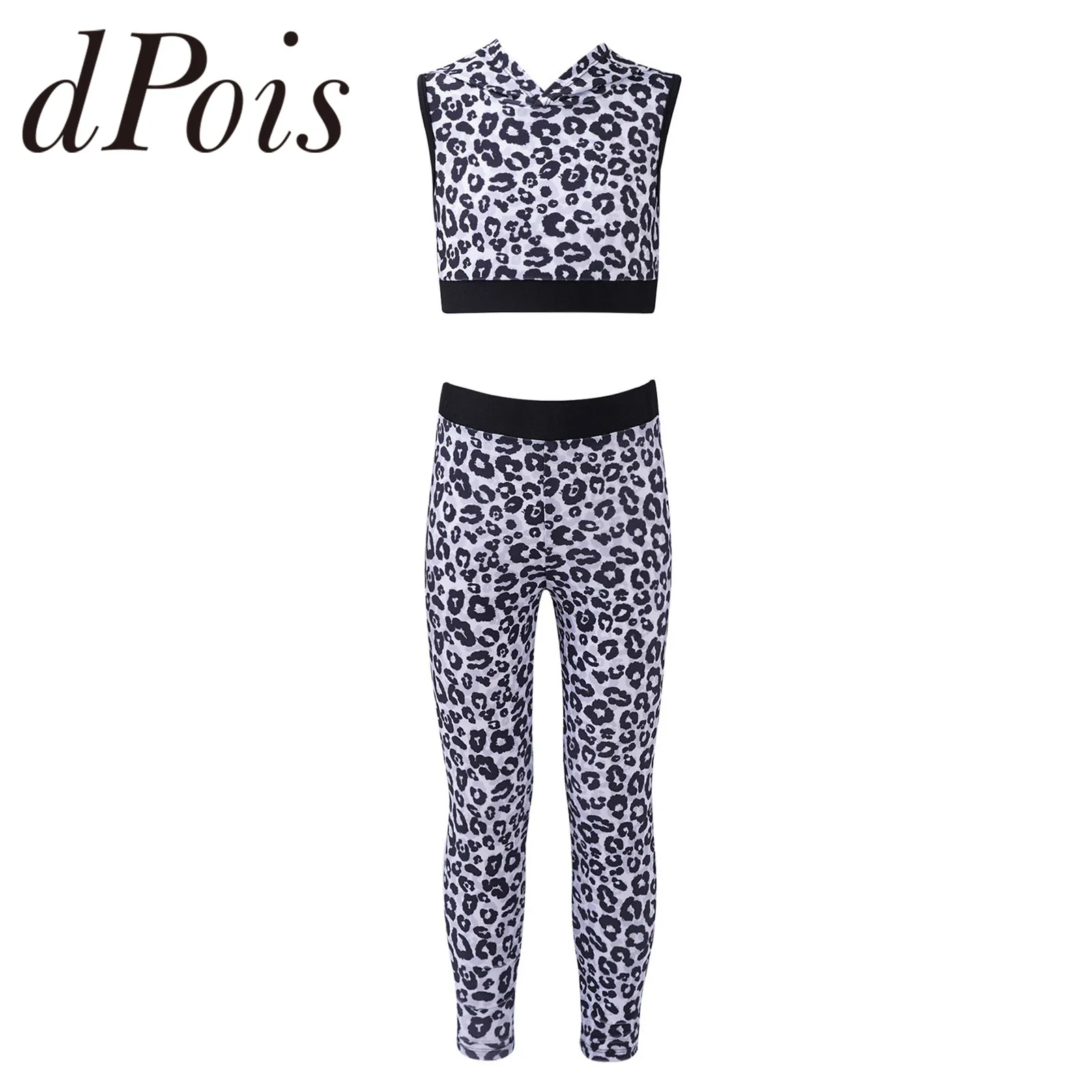 

Комплект для йоги, детский модный спортивный костюм, спортивный костюм для девочек, топ с капюшоном и леопардовым принтом, штаны, детская сп...