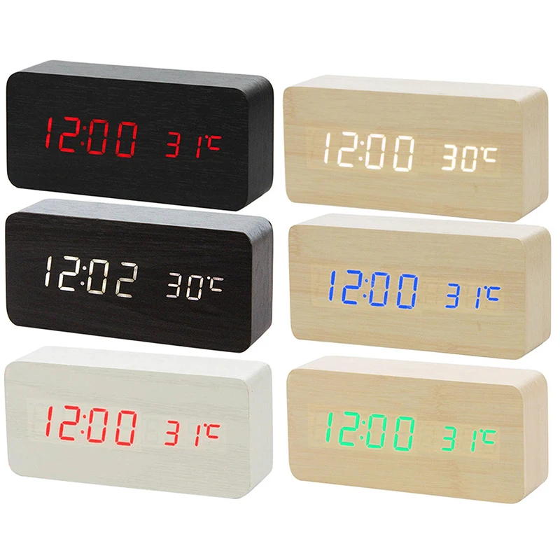 

LED Wooden Alarm Clock Watch Table Voice Control Digital Wood Despertador Electronic Desktop Snooze Function Desk Clocks Table