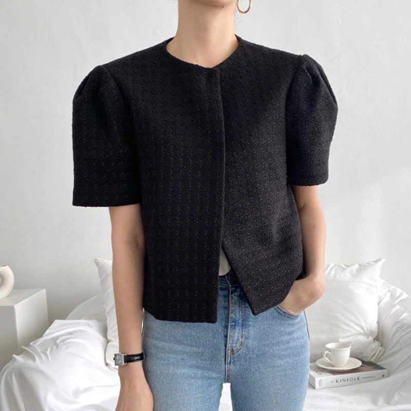 

2021 summer vintage puff sleeve short jacket women o-neck loose short outerwear
