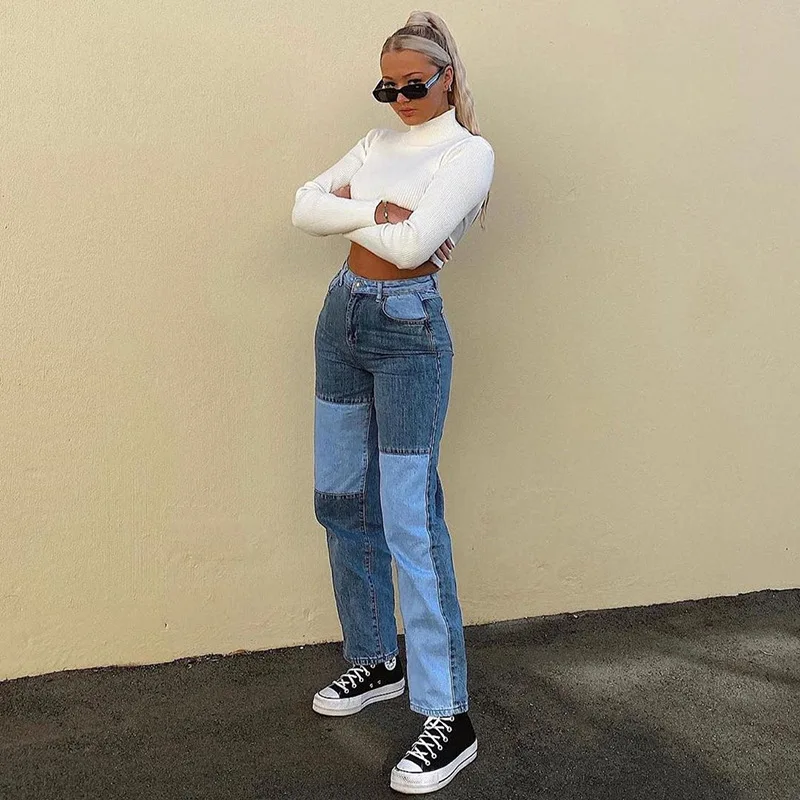 

Patchwork Skinny Jeans Woman High Waisted Streetwear Blue Y2k Jeans Hip Hop Casual Denim Long Trousers Autumn Straight Leg Jeans