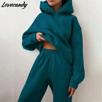 2021 autumn winter women solid fleece tracksuit and hooded jogger pants suit female oversized casual sportswear two piece set