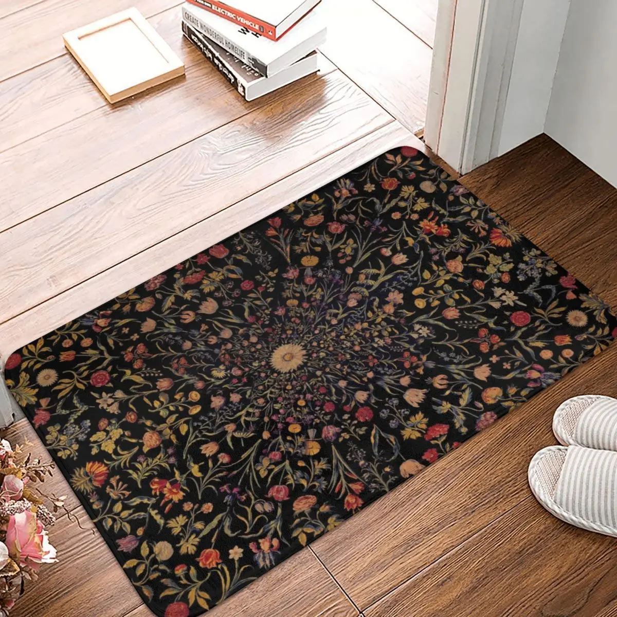 

Medieval Flowers On Black Doormat Carpet Mat Rug Polyester Anti-slip Floor Decor Bath Bathroom Kitchen Bedroom 40*60