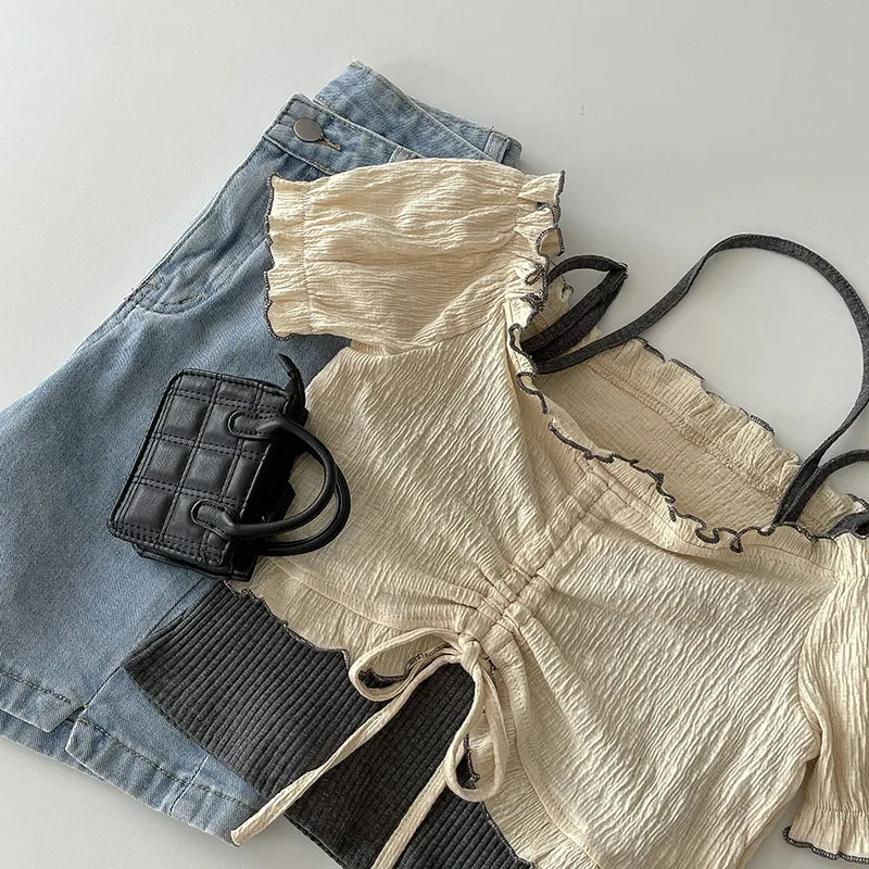 

Korean Fashion Vintage Y2k Tops Women Casual Short Sleeve Elegant Casual Shirts+ Thin Retro Vest 2021 Summer Bandage Clothing