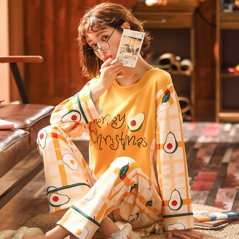 

NIGHTWA Autumn Fashion All-Cotton Pajamas Set for Women Long Sleeve Loose O-Neck Sleepwear Print Lattice Mujer Nightwear