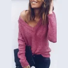 Женский трикотажный свитер с длинным рукавом и V-образным вырезом