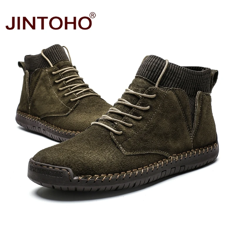 Ботинки JINTOHO мужские кожаные до щиколотки модные брендовые теплые ботинки из
