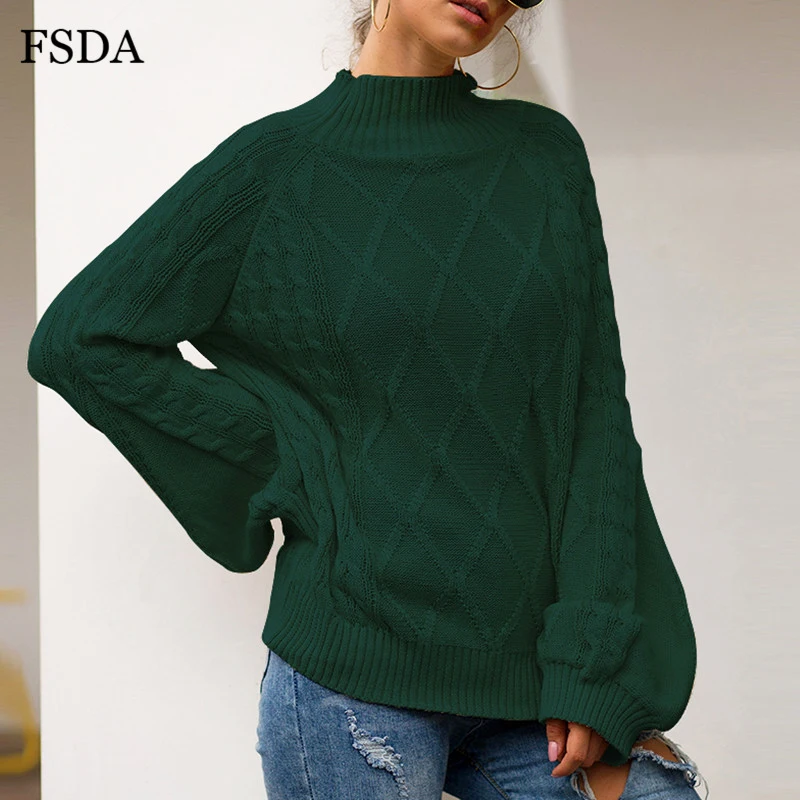 Вязаный зимний свитер FSDA с высоким воротником элегантные однотонные