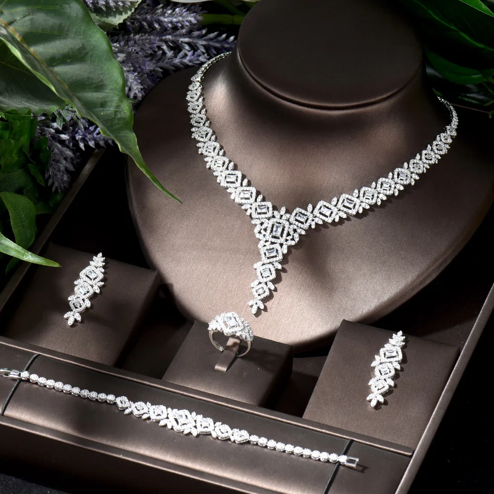 HIBRIDE New Trendy 4PCS Nigeria Jewelry Set For Women Wedding Party Cubic Zircon Crystal Dubai Bridal Jewelry Set bijoux N-1160