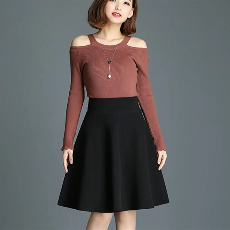 

2020 Autumn&Winter New Women Woolen Skirt Korean Style Slim Stretchy High Waist A Line Skirt Plus Size Gray And Black Midi Skirt