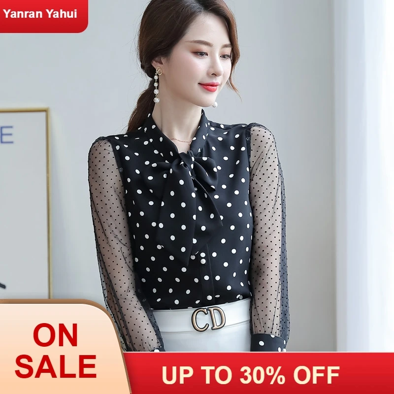 Высококачественная женская рубашка в горошек с длинным рукавом новая осенняя