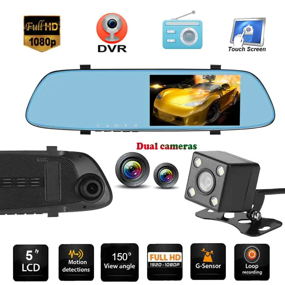 

Автомобильный видеорегистратор-зеркало Anytek, 5,0 дюйма, IPS, Full Touch, G-сенсор, 1080P HD, двойной объектив заднего вида