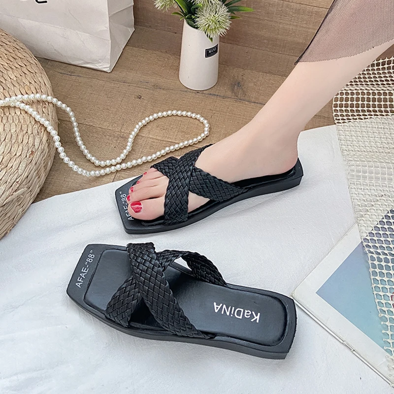 

Female Shoes Beige Heeled Sandals Slippers Women Summer Slides Square Toe Low 2021 Black Flat Rubber Rome PU Basic Shoes Woman 2