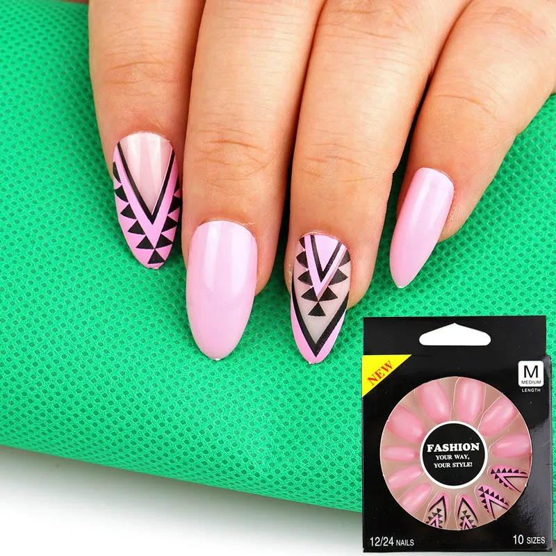 02 12Pcs Long Stiletto False Nail Tips With Glue Colorful Full Cover Fake Nails Tips Manicure Press On Nails Charms - Цвет: 02