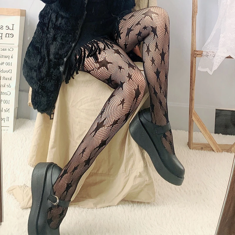 

Sexy Women's Silk Stockings European Style Fashion Black Star Hollow Out Thin Fishing Net Silk Stockings Lace Female's Pantyhose