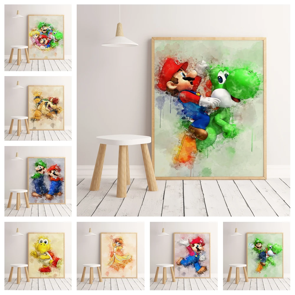 

HD Mario watercolor poster Home decoration hight quality canvas painting hight quality home Decor Nursery Kids Room