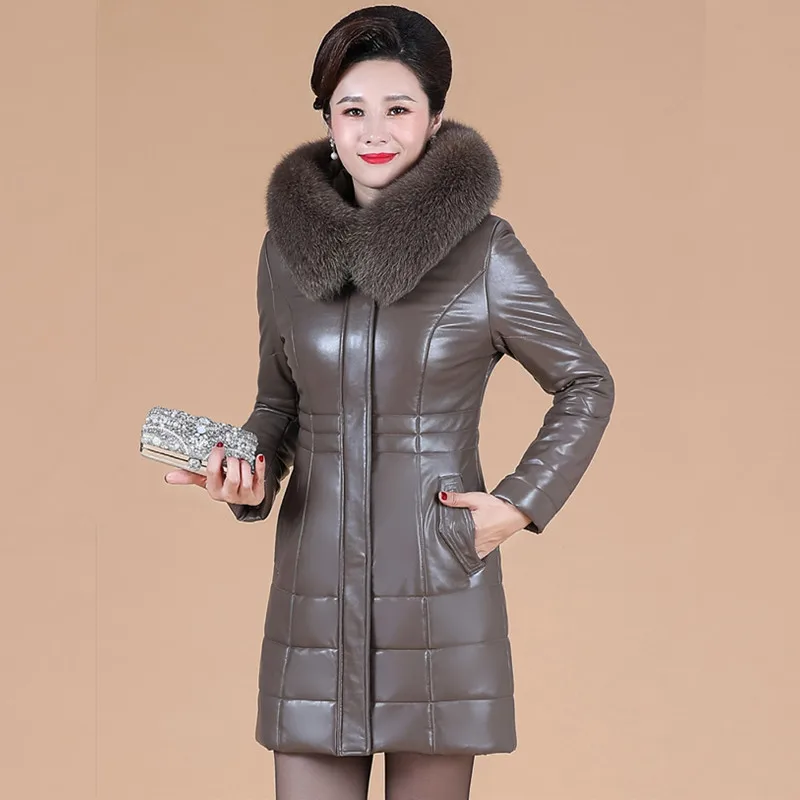 L-8XL Women Long Leather Coat Winter 2023 Mother Sheepskin Outerwear Thicken Warm Camel Overcoat Fur Collar Hooded Jacket Female
