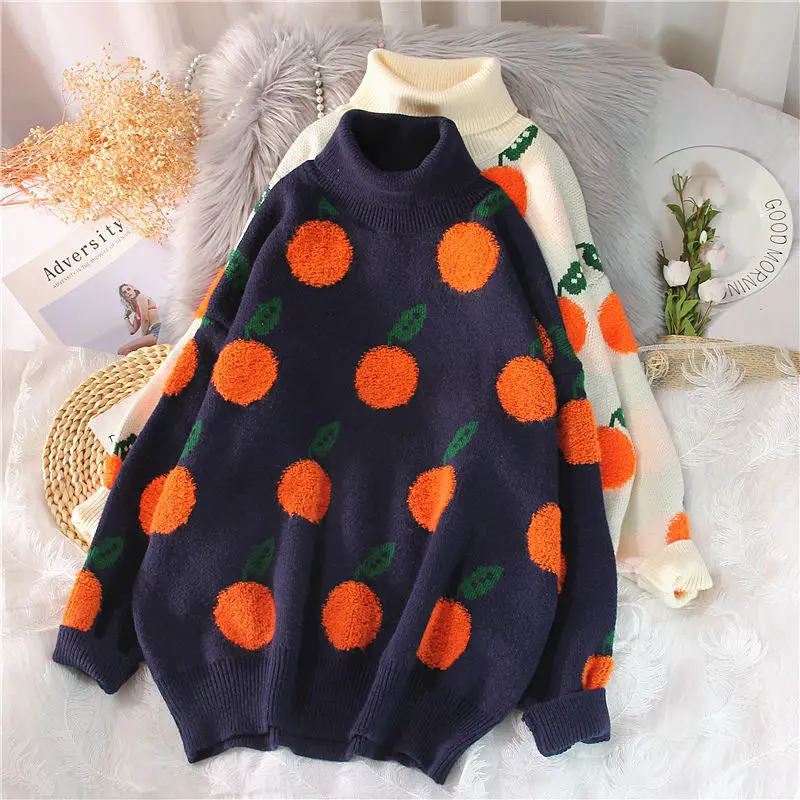 

EBAIHUI 2020 Autumn Winter Sweaters Pullover Cherry Pattern Long Sleeve Sweater Women Turtleneck Knitted Jumpers Sweater Mujer