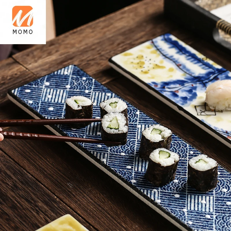 

Japanese Style Hand Drawn Long Sushi Plate Ceramic Dinner Plate Creative Plate Sashimi Plate Restaurant Tableware