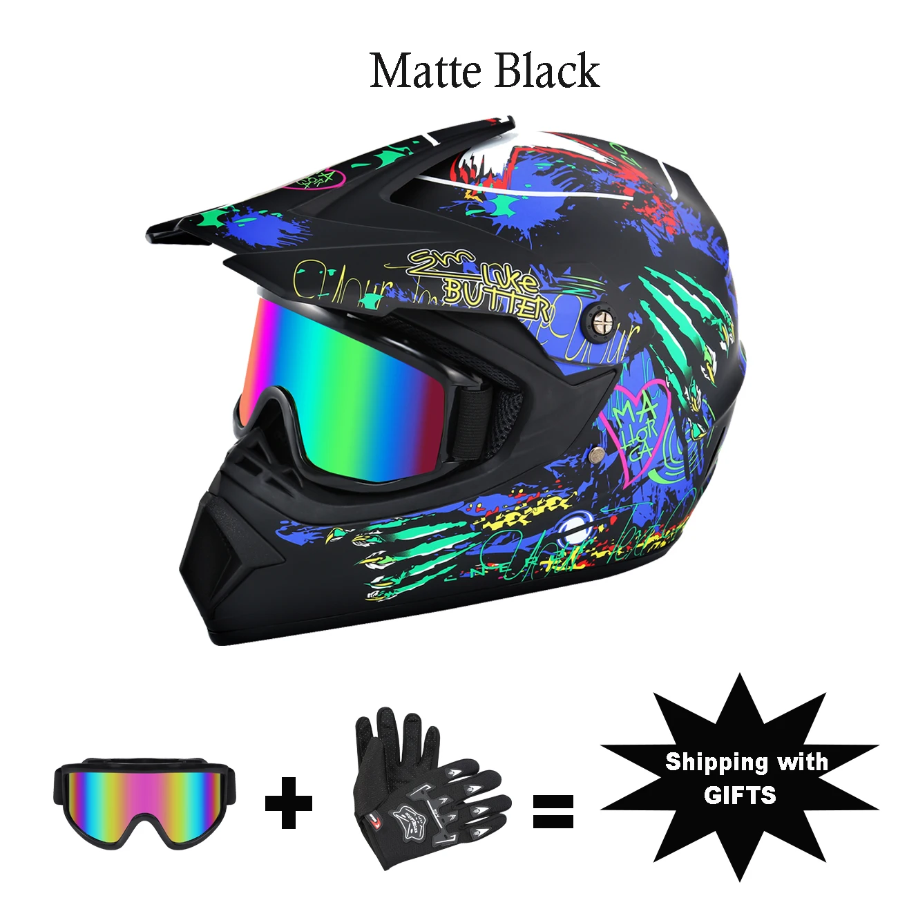 

Honhill Off Road Motorcycle Helmet Full Face W/Goggle Gloves Professional Motocross Helmet For Dirt Bike ATV Matte Black Color