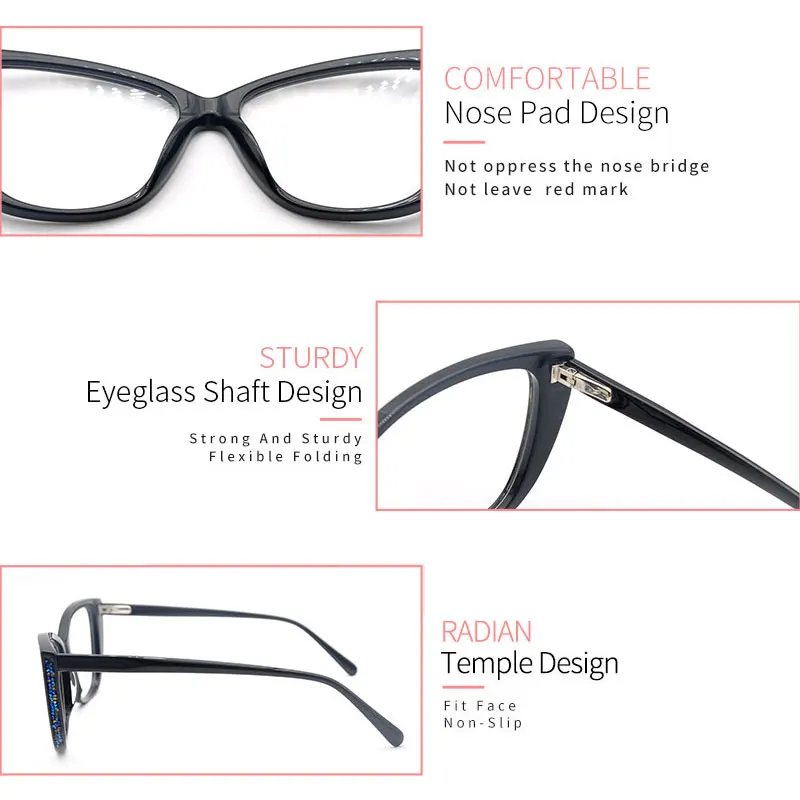

KANDREA Women Acetate Anti Blue Ray Cat Eye with Drill Glasses Frame Female Oversized Frames Eyeglasses Classic Myopia Eyewear