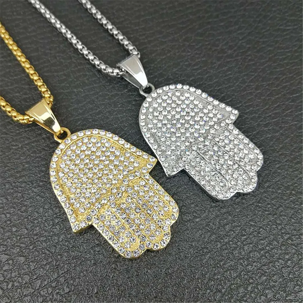 

Hip Hop Iced Out Hamsa Hand Of Fatima Pendant Necklace Gold/Silver Color Stainless Steel Full Rhinestone Chain For Men Jewelry