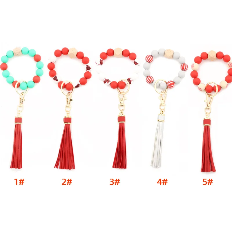 

Merry Christmas Gift Wooden Silicone Beaded Bangle Bracelets Keychain Leather Tassel Key Rings Women Bag Accessories