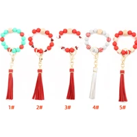 merry christmas gift wooden silicone beaded bangle bracelets keychain leather tassel key rings women bag accessories