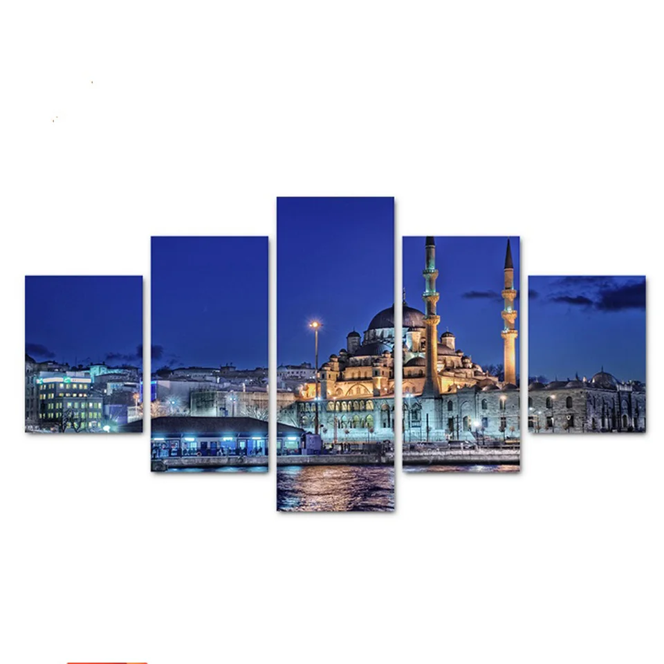 

Framed Decor Modular 5 Panel Turkish Mosque Night Landscape Fashion Canvas Painting Wall Art Print Home Pictures For Living Room