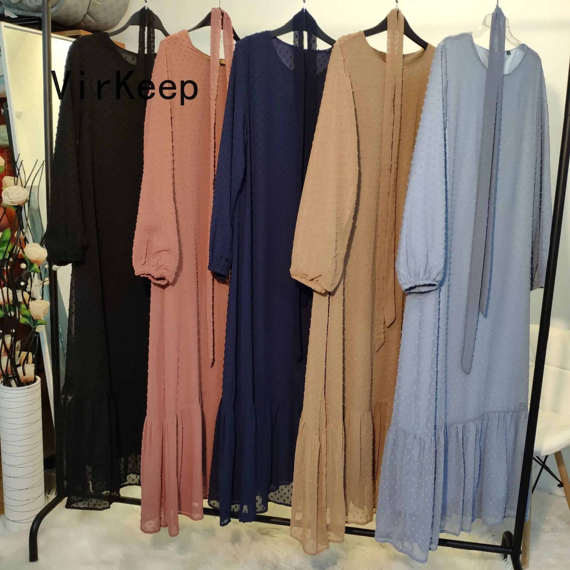 

women solid maxi dress lace up waist robe lantern sleeve casual muslim abaya african dashiki ramadan kaftan loose gown VKDR2177