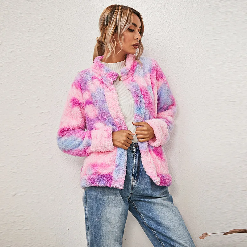 

Autumn Winter Warm Teddy Jacket Women Tie Dye Faux Fur Coat Ladies Thick Fluffy Plush Teddy Coats and Jackets