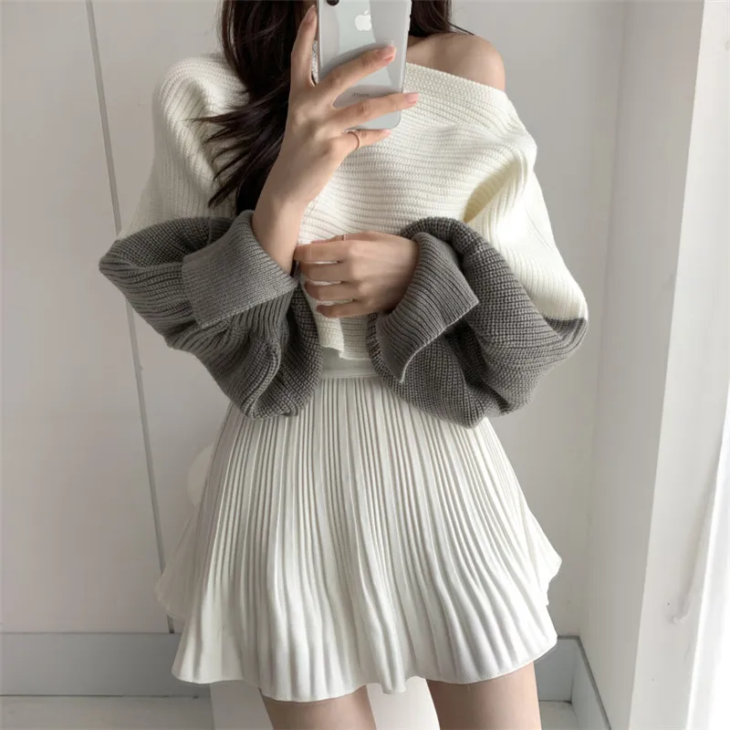 

Hzirip 2021 Autumn New Women Knitted Sweaters Casual Slash Neck Lantern Sleeve Loose Elegant All-Match Female Office Lady Tops